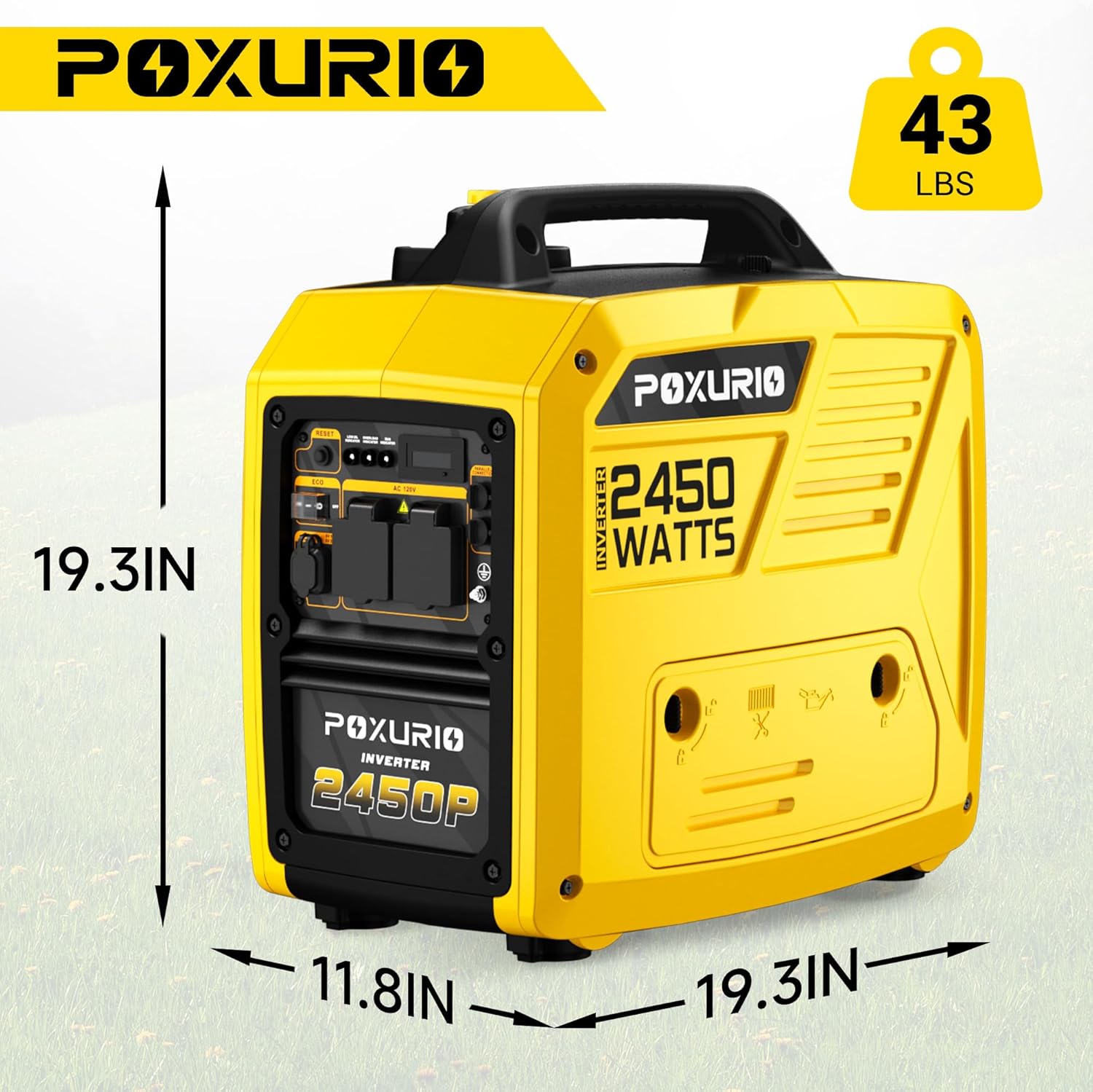 2450-Watt Inverter Generator for Home Use, 1.6Gallon Large Fuel Tank Up to 8.3 Hours Use, 120V Gas Powered Generator Super Quiet, Yellow