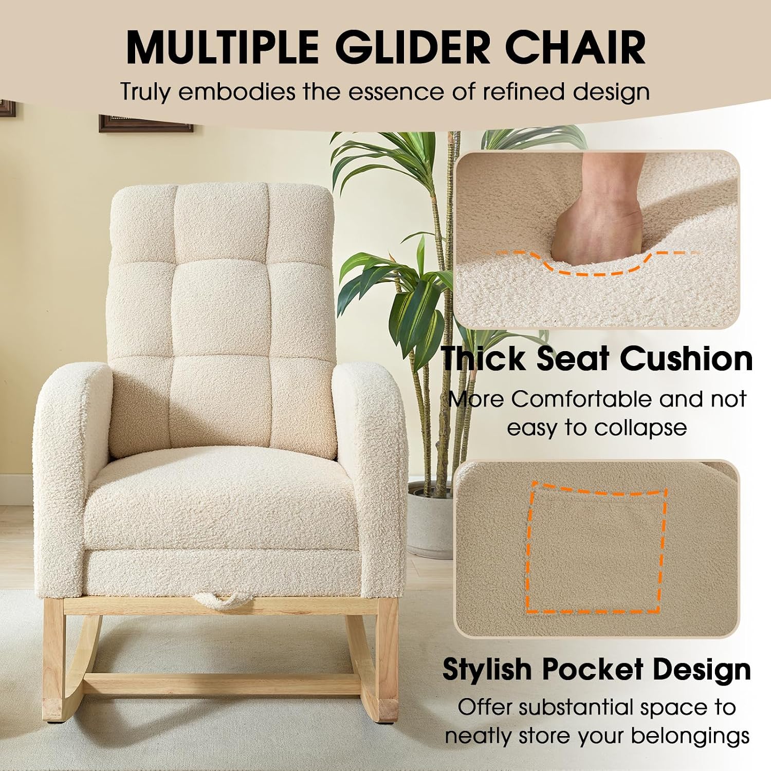 NIOIIKIT Modern Nursery Rocking Chair, Teddy Upholstered Rocking Chair with Footrest, Comfortable Rocker Recliner with Side Pocket, Rocker Glider for Living Room, Bedroom, Nursing Room (Apricot)