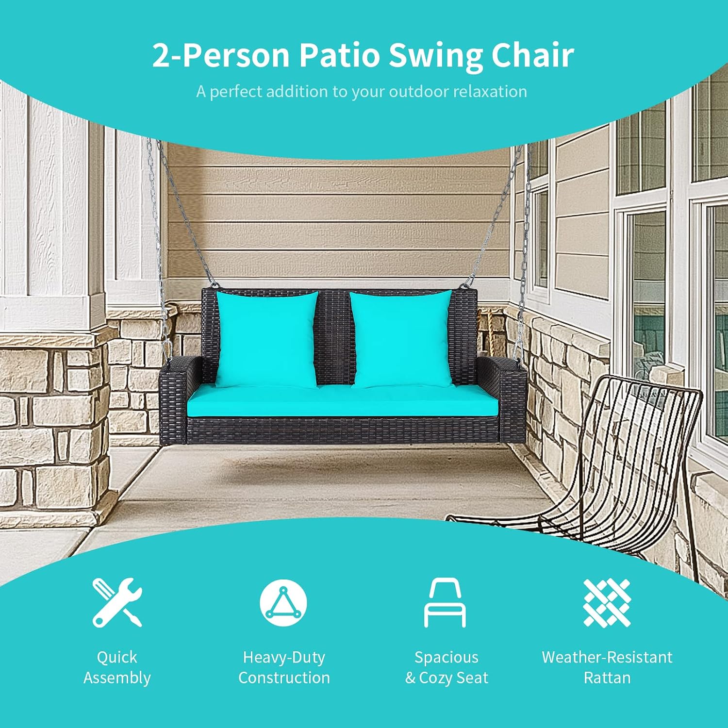 RELAX4LIFE Porch Swing 2-Seat Patio Rattan, Wicker Porch Swings Outdoor W/Two 7.9 Ft Solid Steel Chain, Comfortable Back & Seat Cushions, for Front Porch, Garden, Backyard Patio Swing (Turquoise)