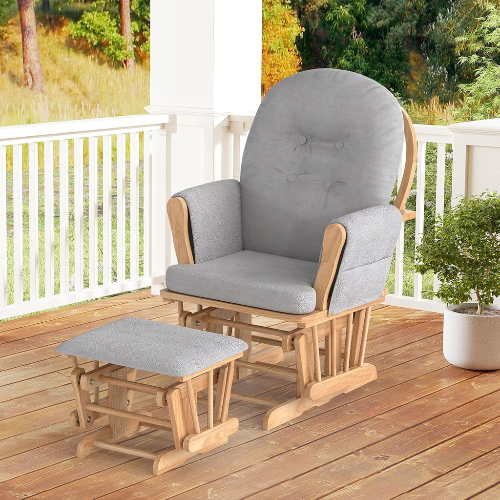 Costzon Nursery Glider with Ottoman, Upholstered Comfort Glider Rocker with Padded Cushion, Storage Pocket, Solid Wood Base, Rocking Chair Nursery for Breastfeeding, Napping (Natural)