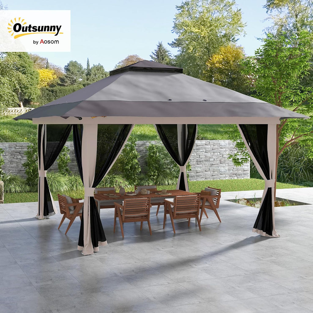 Outsunny 13' x 13' Pop Up Gazebo with Netting, UPF 50+ Instant Canopy Tent Shelter with Water/Sand Bags, Wheeled Carry Bag, for Outdoor, Garden, Parties, Light Gray