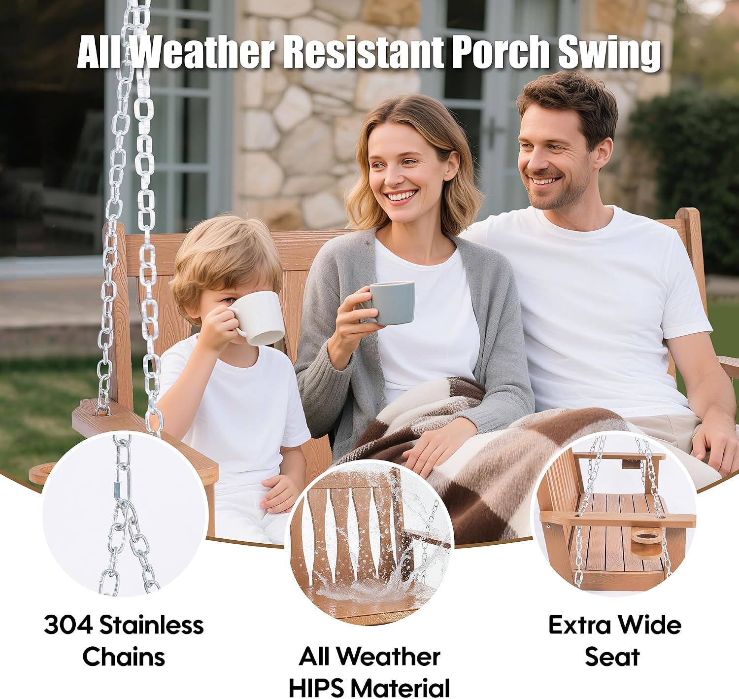 HIPS All-Weather Outdoor Hanging Porch Swing,2 Seat Hanging Swing Bench with Cup Holders,Patio Swing Chair with Hanging Chains for Courtyard & Garden