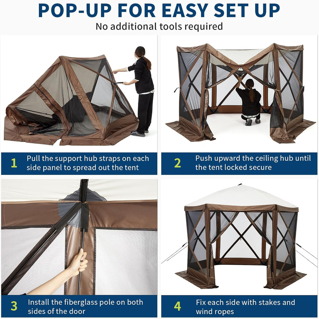 Hipicute 10x10ft Pop Up Gazebo Screen Tent with Mosquito Netting, 6 Sided Pop-Up Canopy Shelter Tent with Carrying Bag and Ground Stakes for Outdoor Camping, Lawn and Backyard