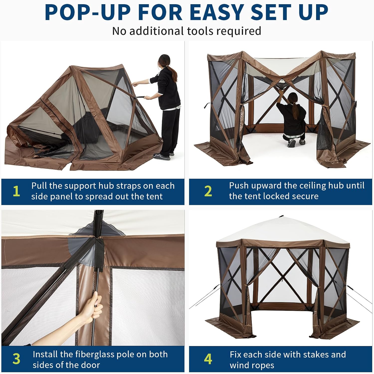 Hipicute 10x10ft Pop Up Gazebo Screen Tent with Mosquito Netting, 6 Sided Pop-Up Canopy Shelter Tent with Carrying Bag and Ground Stakes for Outdoor Camping, Lawn and Backyard