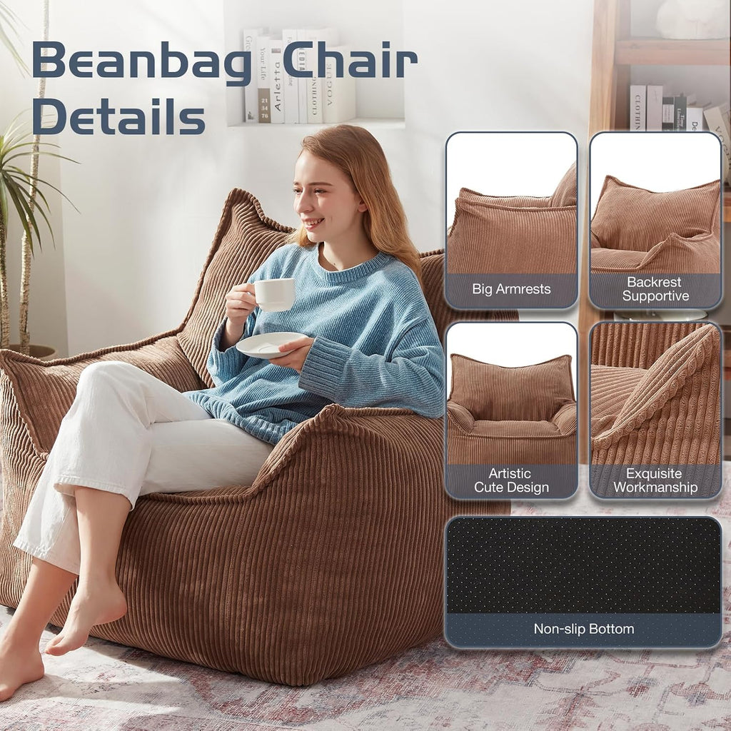 EBENCHICO Giant Bean Bag Chair Sofa for Adults Teens, Comfy Corduroy Large Bean Bag Chairs with Armrests for Bedroom Living Room, Adult BeanBag Lazy Sofa Couch Chairs with Filler Included