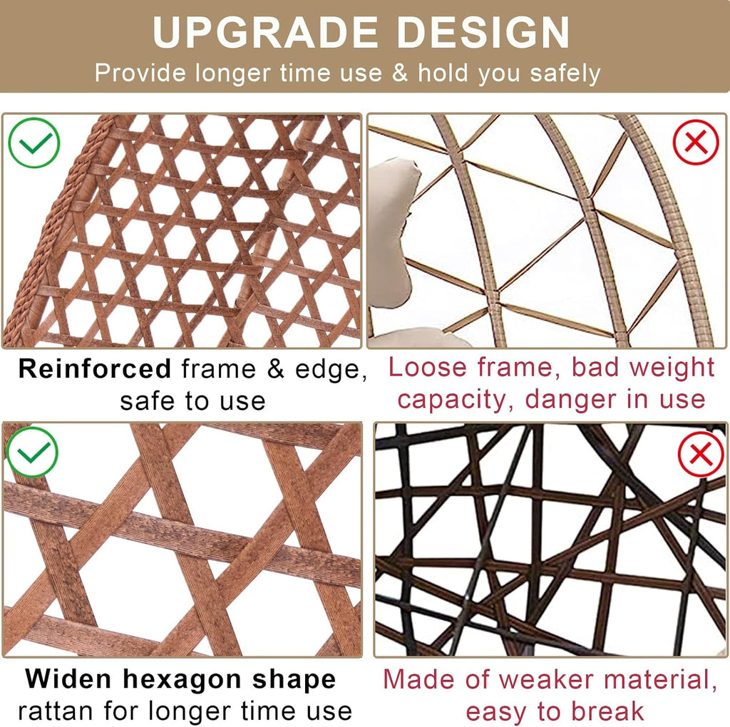 Double Swing Egg Chair with Stand, Foldable Wicker Hanging Swing for Outdoor Garden Patio, 2 Person Egg Chair Loveseat with Removable Cushions (Beige)