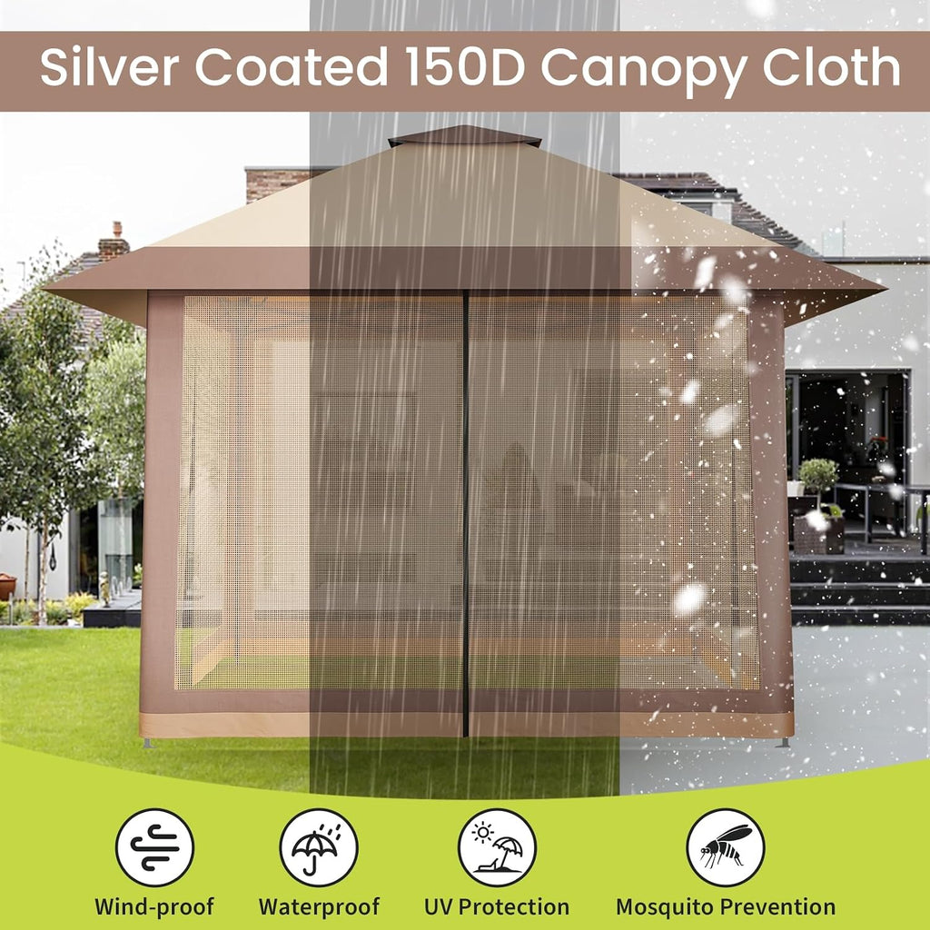 13'x13' Gazebo, Pop Up Patio Gazebo Outdoor Canopy Tent with Double Roof Mosquito Netting & Portable Carry Bag for Backyard Lawn Deck Garden (Khaki)