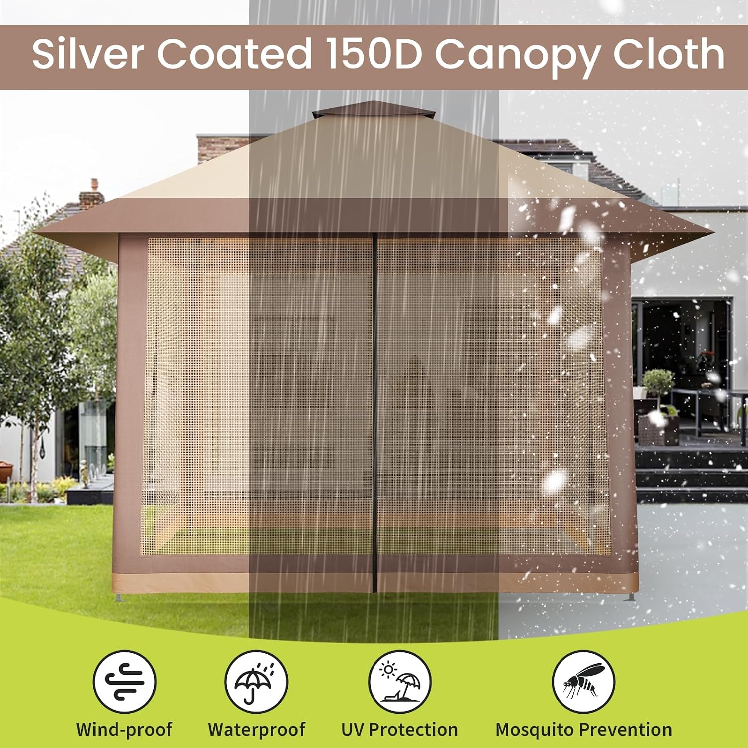 13'x13' Gazebo, Pop Up Patio Gazebo Outdoor Canopy Tent with Double Roof Mosquito Netting & Portable Carry Bag for Backyard Lawn Deck Garden (Khaki)