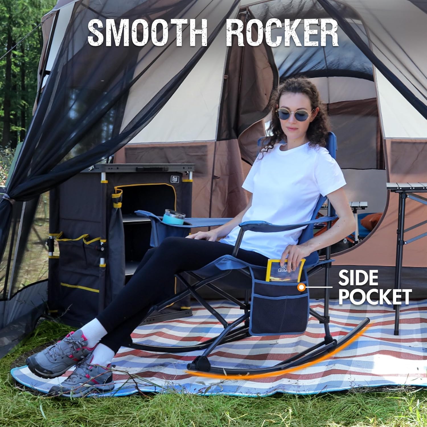 Portal Outdoor Rocking Chair Camping Folding Portable Rocker with Cup Holder Side Pocket Carry Bag, Support 350LBS (Mesh Blue), 2 Pack