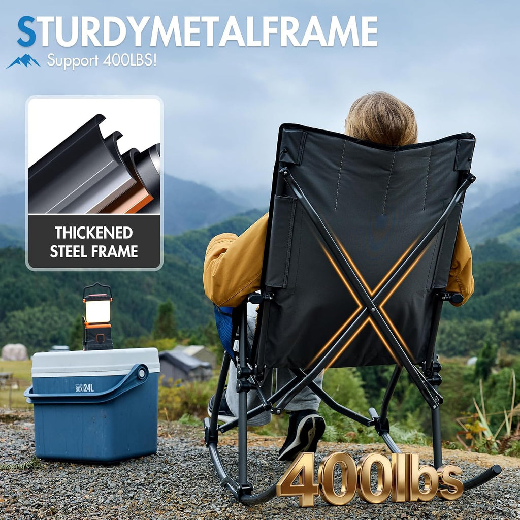 Portal Oversized Folding Rocking Camping Chair Portable Outdoor Rocker with High Back Hard Armrests Carry Bag, Supports 400 lbs, Padded Back, Grey&Blue,2Pack