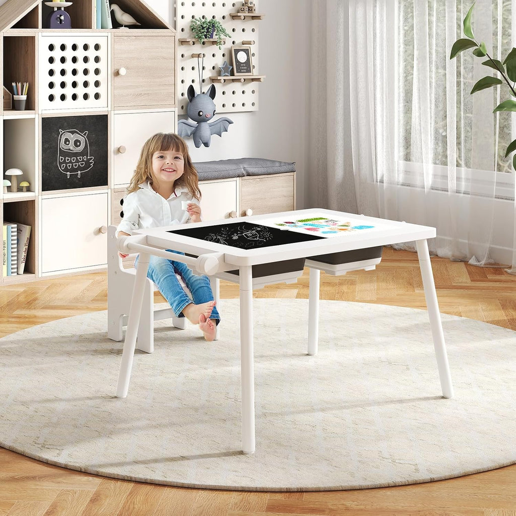 Costzon Kids Table and Chair, 6 in 1 Sensory Desk Set w/Storage Bins, White & Black Board, Building Blocks and Paper Roll for Drawing & Sand Water Playing, Toddler Table and Chair Set (White)