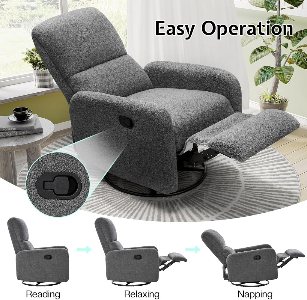 Jocisland Swivel Rocker Recliner Chair for Adults, Nursery Rocking Reclining with High Back, Small Glider for Small Spaces/Living Room/Bedroom/Nursing, Gray Teddy (No Side Pockets)