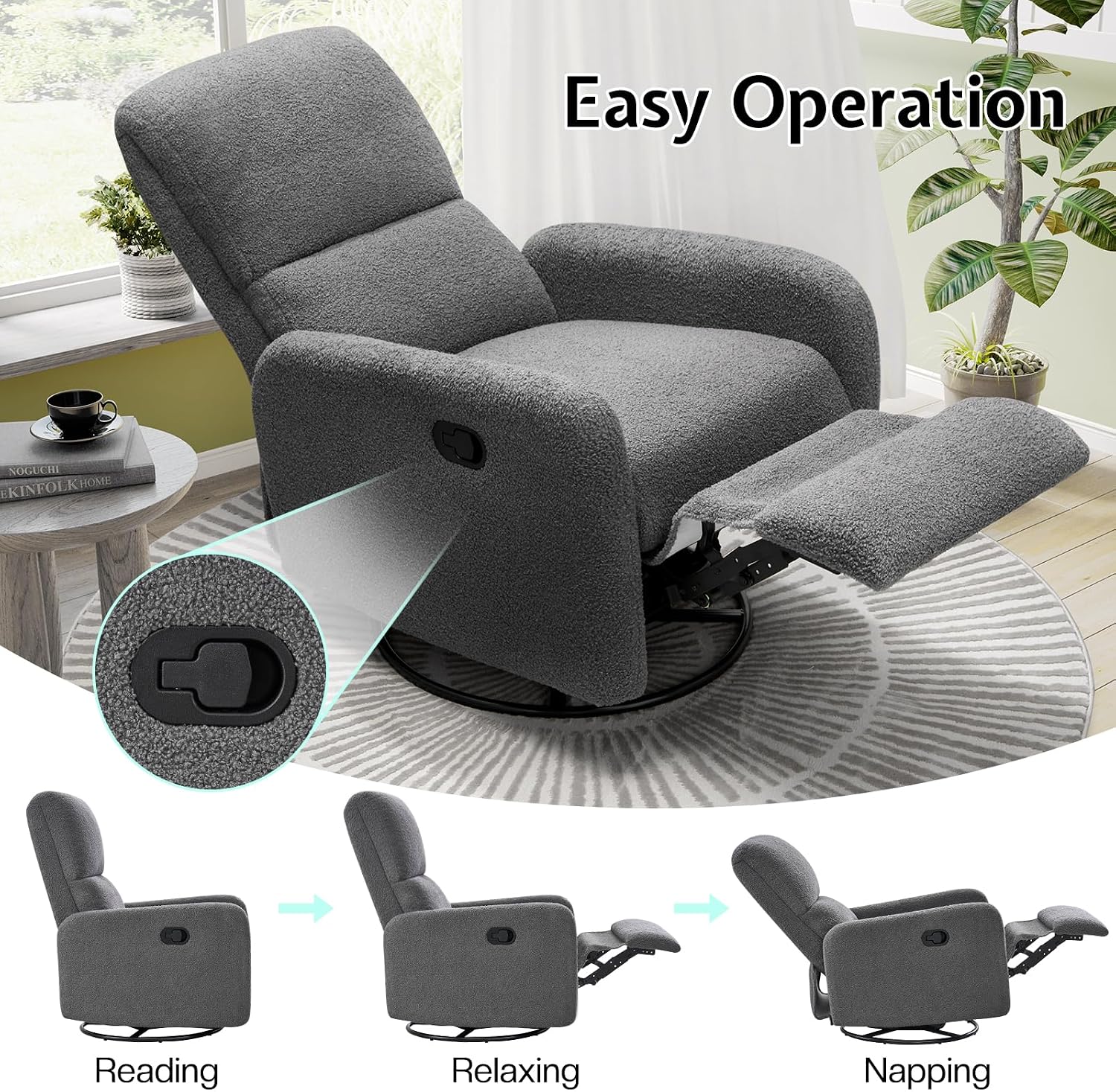 Jocisland Swivel Rocker Recliner Chair for Adults, Nursery Rocking Reclining with High Back, Small Glider for Small Spaces/Living Room/Bedroom/Nursing, Gray Teddy (No Side Pockets)