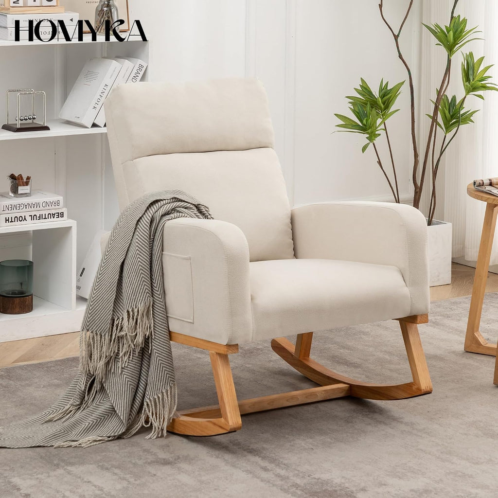 Rocking Chair Nursery, Upholstered Fabric Glider Rocking Nursing Chair with Extended Wood Legs & Side Pocket, Comfy Nursery Chair for Living Room, Bedroom, Beige