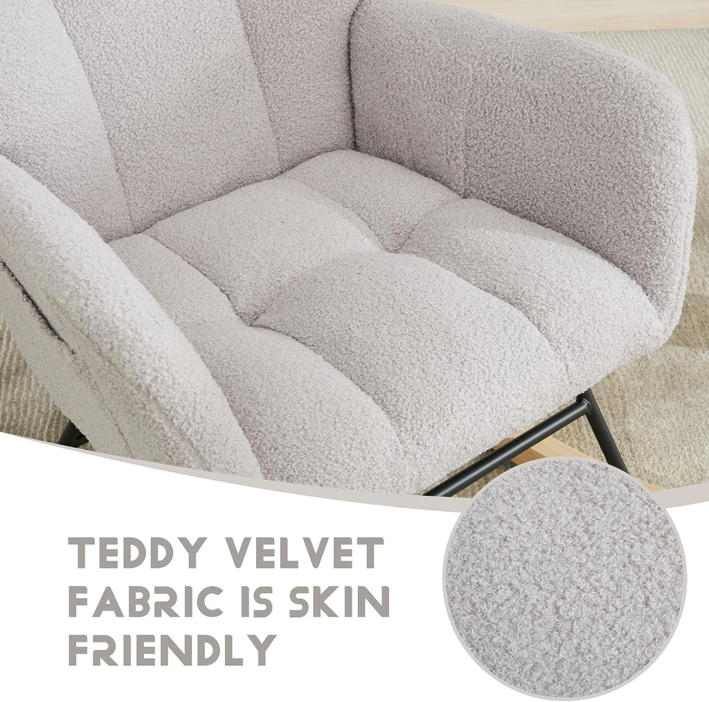Nursery Rocking Chair, Teddy Upholstered Glider Rocker Rocking Accent Chair with High Backrest Armchair Comfy Side Chair for Living Room, Bedroom, Offices (Light Gray)