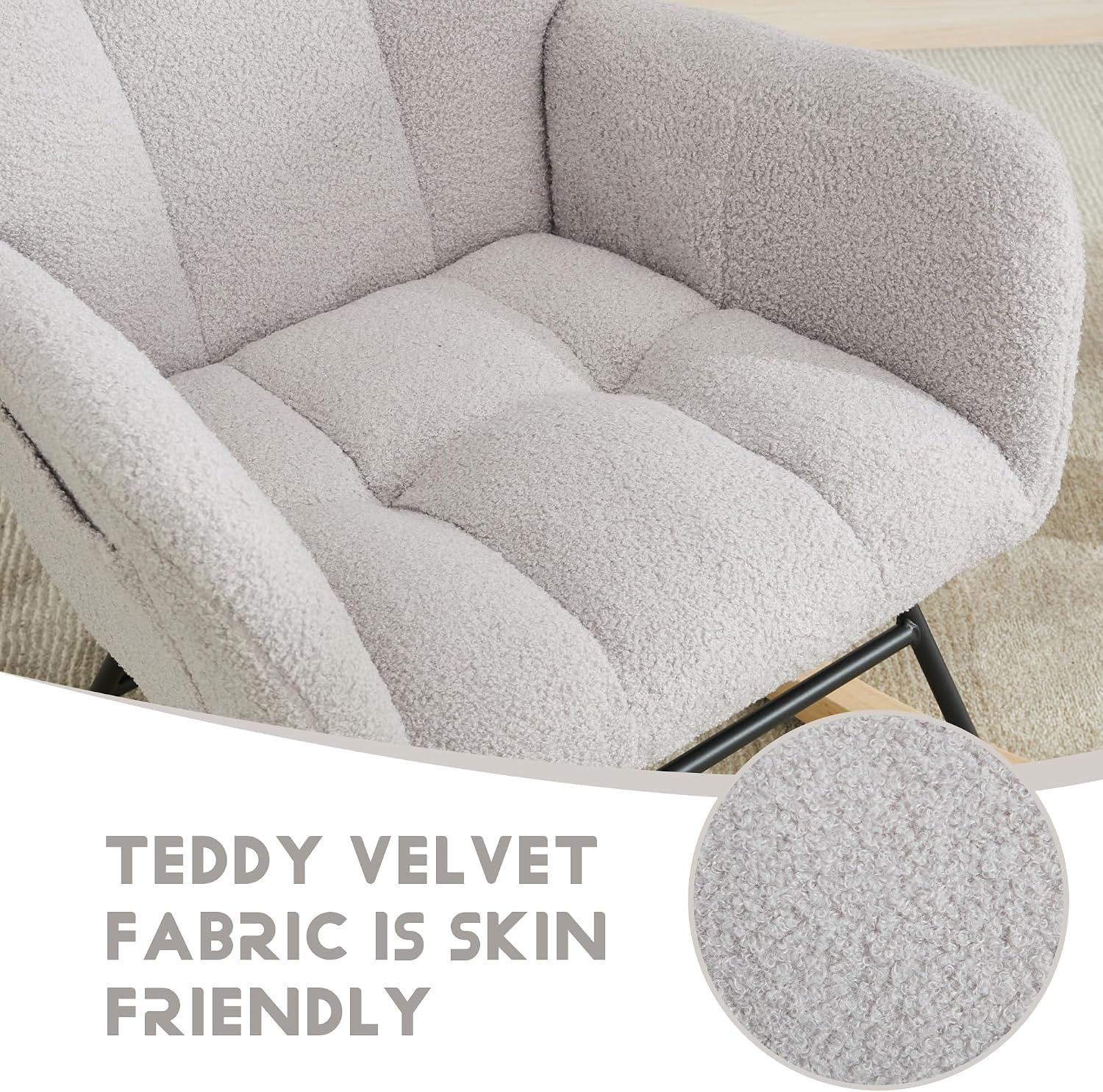 Nursery Rocking Chair, Teddy Upholstered Glider Rocker Rocking Accent Chair with High Backrest Armchair Comfy Side Chair for Living Room, Bedroom, Offices (Light Gray)