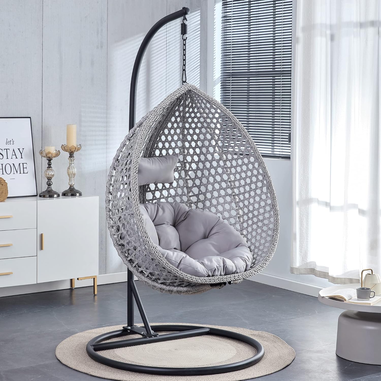 Hanging Egg Swing Chair with Stand, Rattan Wicker Hanging Egg Chair Hammock Indoor with Cushions, Swinging Chair for Bedroom Outdoor Patio Balcony Backyard Sunroom Heavy Duty 350LBS (Gray)