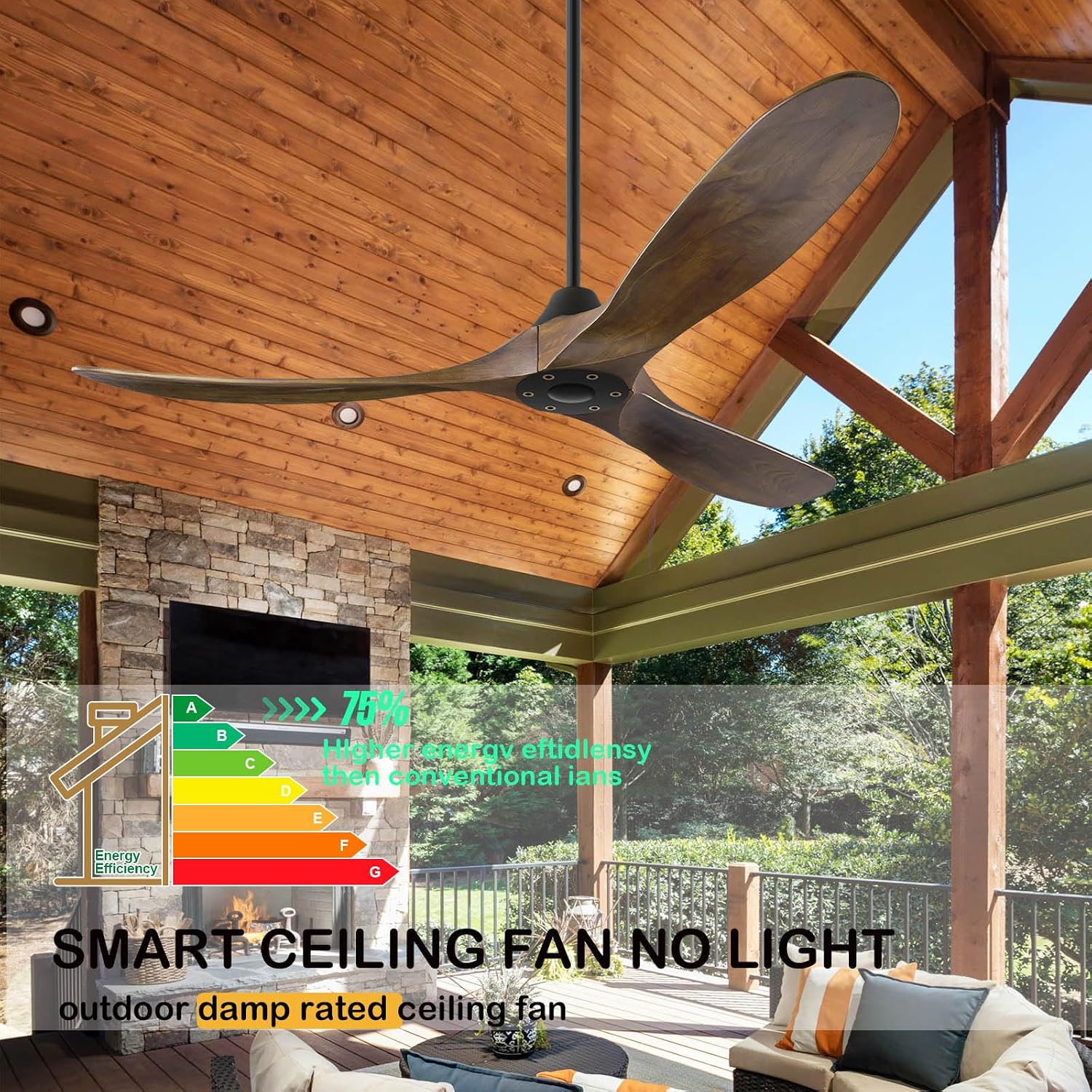 60 inch DC Ceiling Fan No Light Outdoor Ceiling Fan for Patios Damp Rated, ETL Listed 3 Blade Large Airflow Indoor Commercial Smart Ceiling Fans for Exterior Porch Gazebo with Alexa/Remote/APP Control