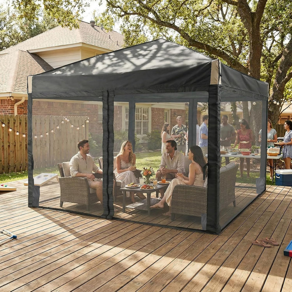 Aoodor 10x10 Ft Pop Up Canopy Tent with Netting, Water-Resistant 210D Oxford Fabric Shade, Easy Assembly Commercial Gazebo with Wheeled Carry Bag & 4 Sand Bags for Camping, Party, Black