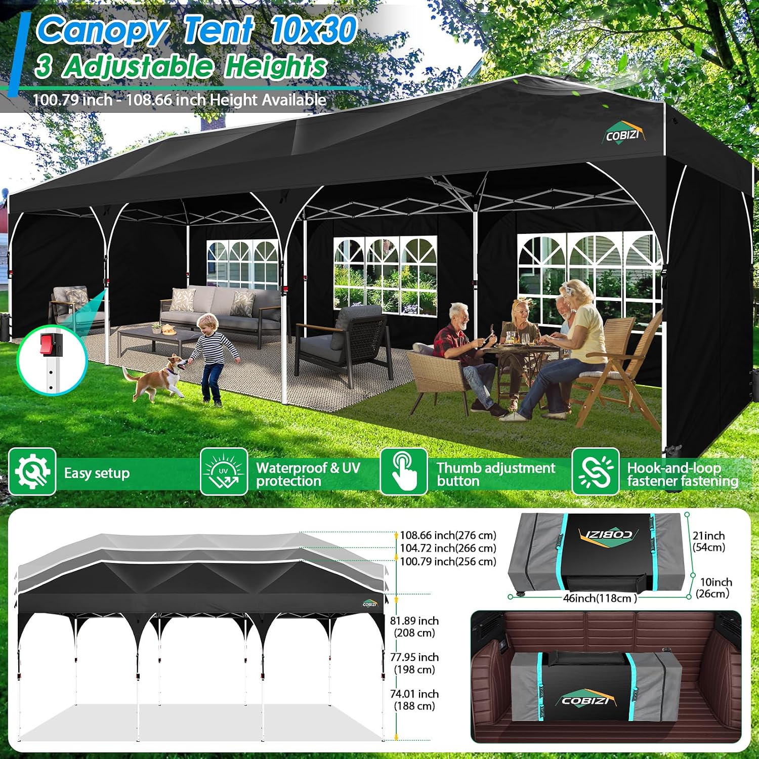 COBIZI 10x30 Pop Up Canopy Tent for Parties with 5 Sidewalls| Push Center Lock & Air Vent| Waterproof & UPF50+ |Gazebo Outdoor Tent for Party,Wedding,BBQ with 4 Sandbags, 8 Stakes & 16 Ropes,Black