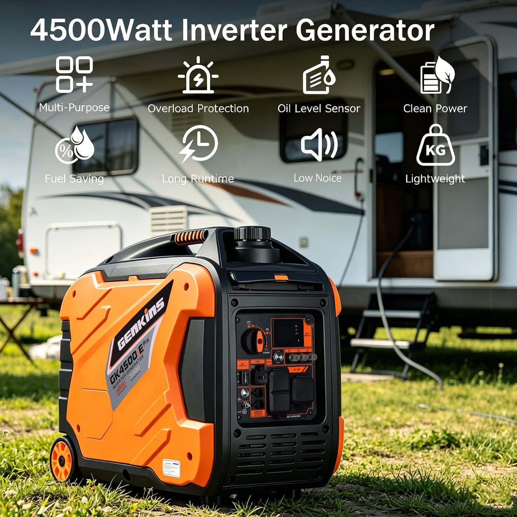 Genkins Portable Inverter Generator 4500W Gas Powered Pure Sine Wave Lightweight Quiet Parallel Capability for Camping RV Home Backup (Electric start)