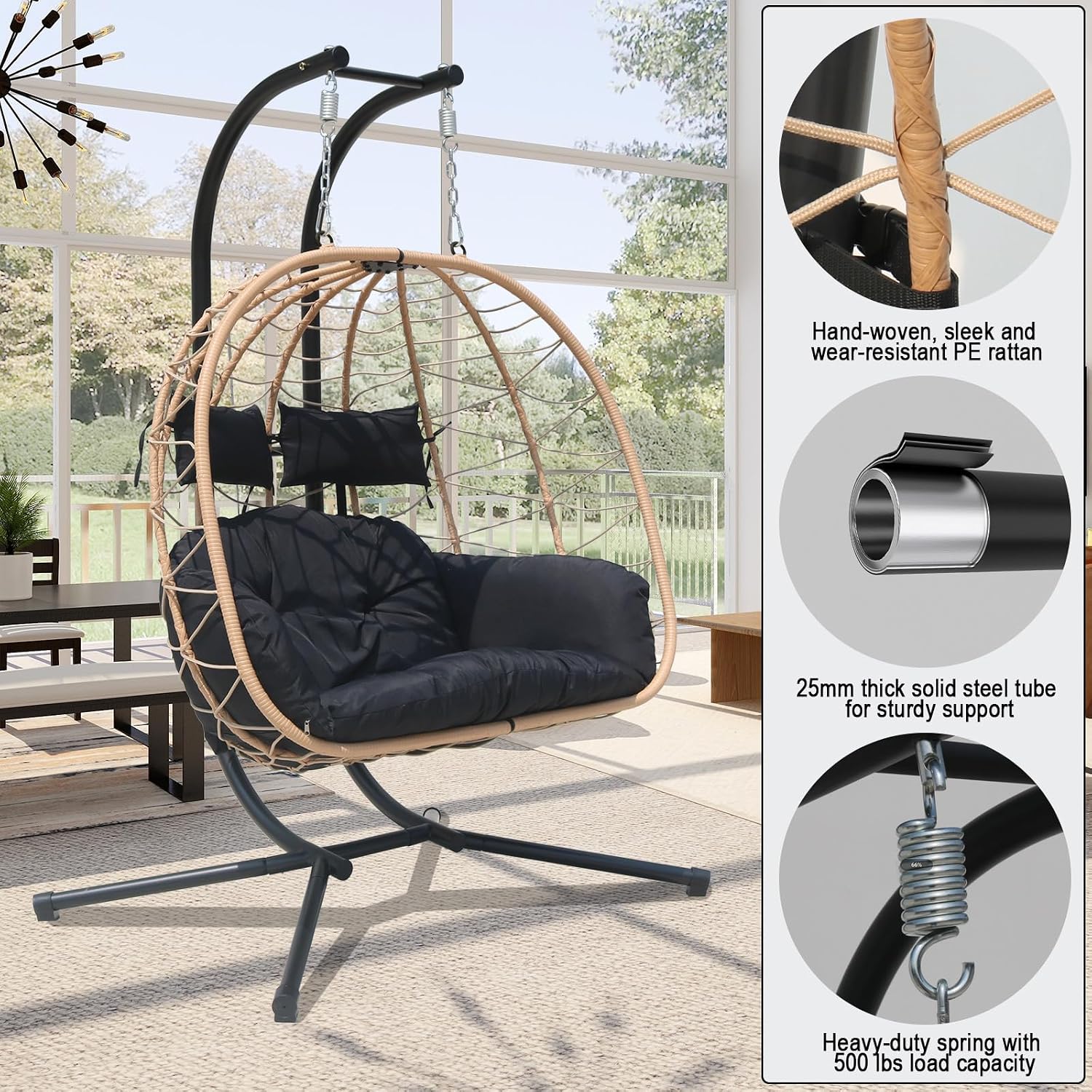 Double Egg Chair Outdoor, 2 Person Hanging Egg Chair with Stand, Patio Wicker Egg Swing Chair for Garden, Backyard, Balcony, 600Lbs Heavy Duty (BR-BL)