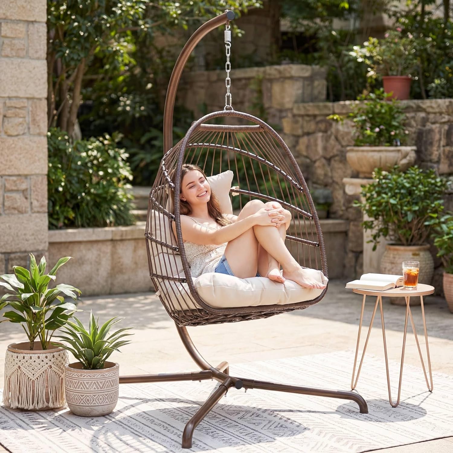 BLUEXYARD Outdoor Hanging Egg Chair with Stand, 350 Lbs Capacity Wicker Rattan Swing Chair with Cozy Cushion, Foldable Weather-Resistant Basket Hammock for Patio Balcony Lawn Bedroom, Brown Tan