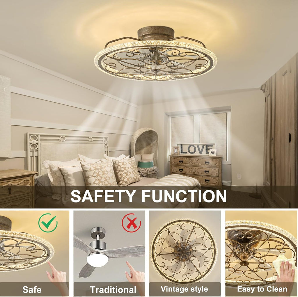 Low Profile Ceiling Fan with Lights 20' Ceiling Fan with Remote Bladeless Ceiling Fan Boho Vintage Flush Mount Ceiling Fan with Light 3 Color Smart LED Dimmable,Handmade Antique Vintage Silver
