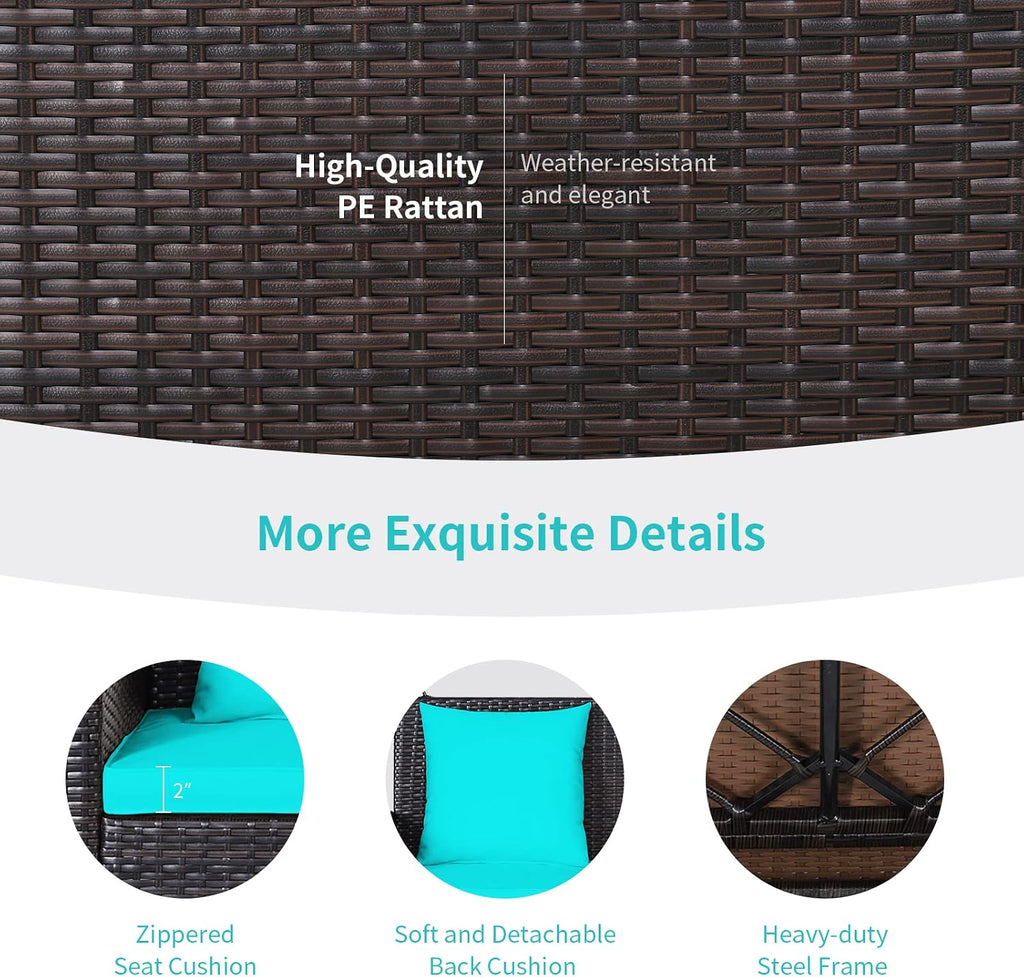 RELAX4LIFE Porch Swing 2-Seat Patio Rattan, Wicker Porch Swings Outdoor W/Two 7.9 Ft Solid Steel Chain, Comfortable Back & Seat Cushions, for Front Porch, Garden, Backyard Patio Swing (Turquoise)