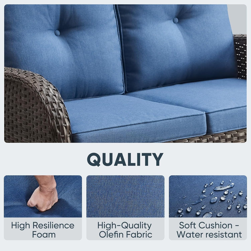 Belord 5 Piece Outdoor Conversation Patio Furniture Set - All-Weather Wicker Patio Rocking Chairs with Loveseat Glider Chair and Coffee Table for Patio Deck Porch Backyard Blue Cushion