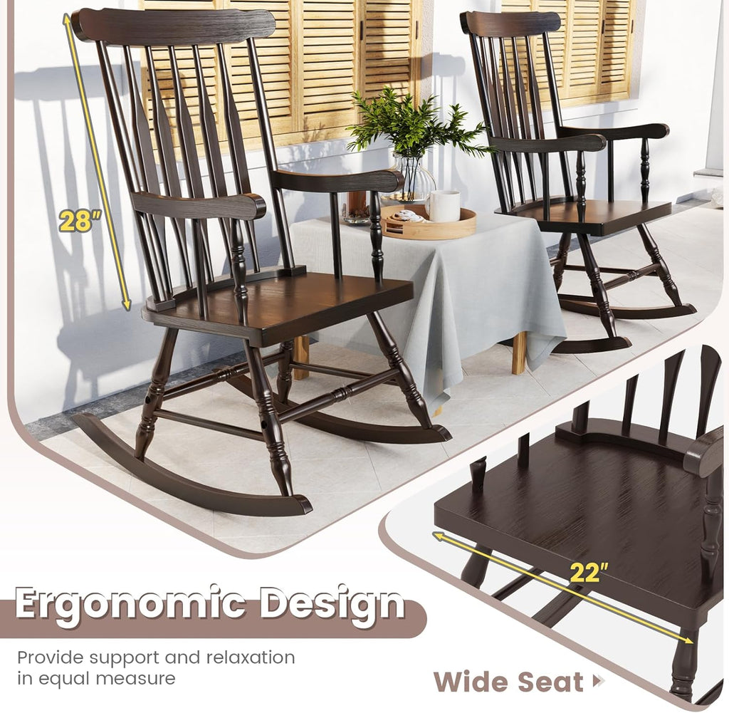 Giantex Outdoor Wood Rocking Chair Set of 2, Patio Rocking Chair w/Rubber Wood Frame, Slat Back, Outside & Indoor Rocker for Garden, Poolside, Balcony, Backyard, Lawn, Front Porch Rocker, Dark Coffee