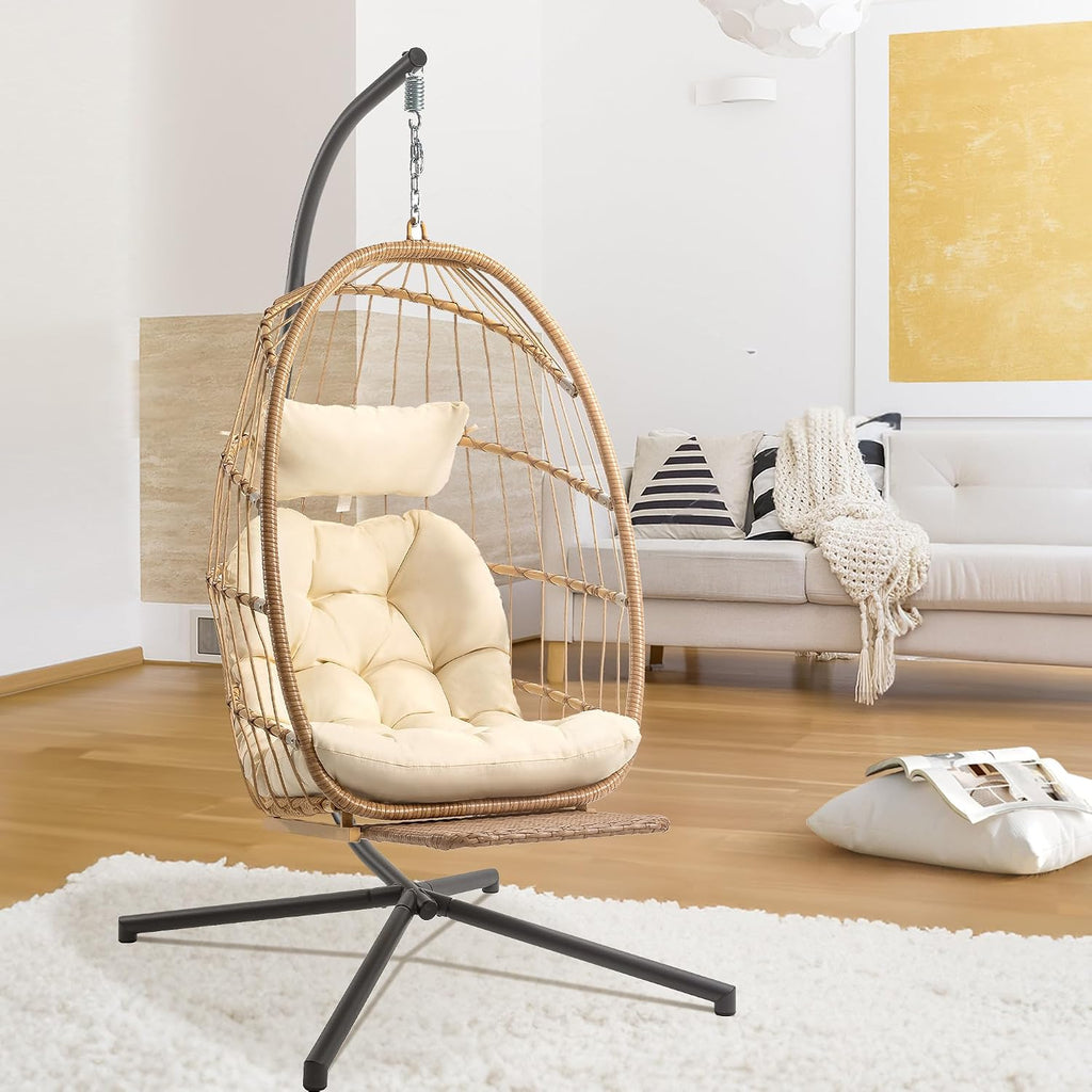 Hanging Egg Chair with Stand and Footrest for Indoor Outdoor - Patio Swing Egg Chairs Wicker Hammock Chair Bedroom, Aluminum Steel Frame and UV Resistant Cushion 370LBS Capacity for Kids Adults, Beige