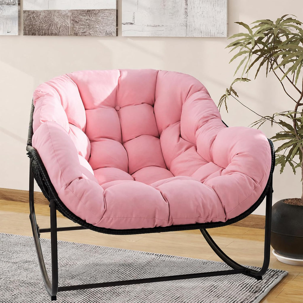 Papasan Rocking Chair, Oversized Papasan Chair with Cushion and Frame for Indoor& Outdoor,Egg-Shaped Patio Rocking Chair for Garden, Deck, Living Room, Pink