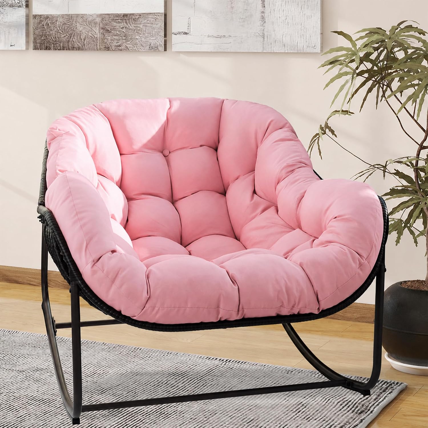 Papasan Rocking Chair, Oversized Papasan Chair with Cushion and Frame for Indoor& Outdoor,Egg-Shaped Patio Rocking Chair for Garden, Deck, Living Room, Pink
