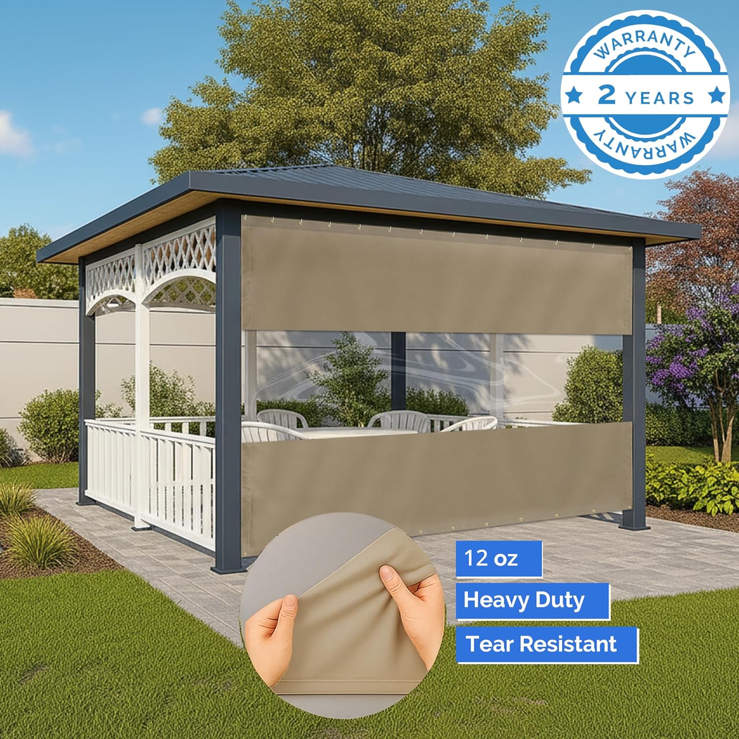 Covers & All Outdoor Clear Panel Curtain, 12 oz Vinyl Outdoor Curtains for Patio, Weather Resistant Waterproof Tarp with Brass Grommets for Pergola, Porch, Gazebos, Balcony (7'H x 12'W Feet, Beige)