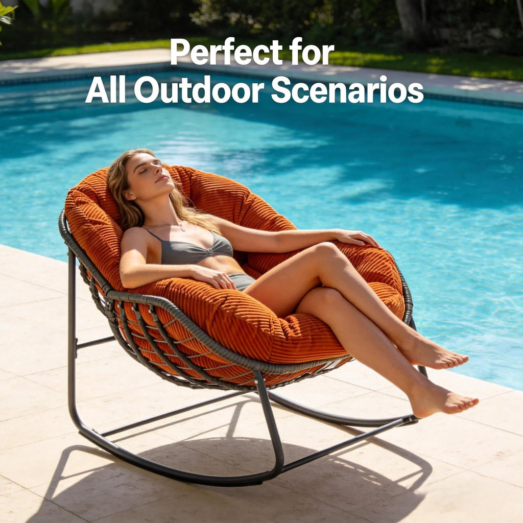 YDcosyfy Oversized Outdoor Papasan Rocking Chair Set of 2 with Soft Cushion, Comfy Patio Egg Chair, Wicker Lounge Rocker for Balcony/Porch/Garden, Reinforced All Weather Rattan Frame, Burnt Orange