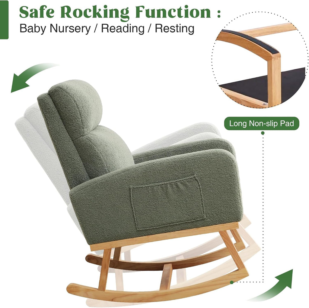 HCHAIRH Rocking Chair Nursery, Boucle Teddy Nursing Rocking Chairs, Upholstered Nursery Glider Rocker for Mom Nursery Morden Accent Rocking Chair with Side Pocket for Living Room,Bedroom, Green