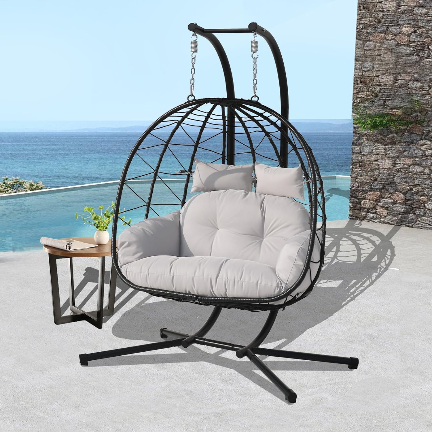 Double Egg Chair Outdoor, 2 Person Hanging Egg Chair with Stand, Patio Wicker Egg Swing Chair for Garden, Backyard, Balcony, 600Lbs Heavy Duty(BL-GR)