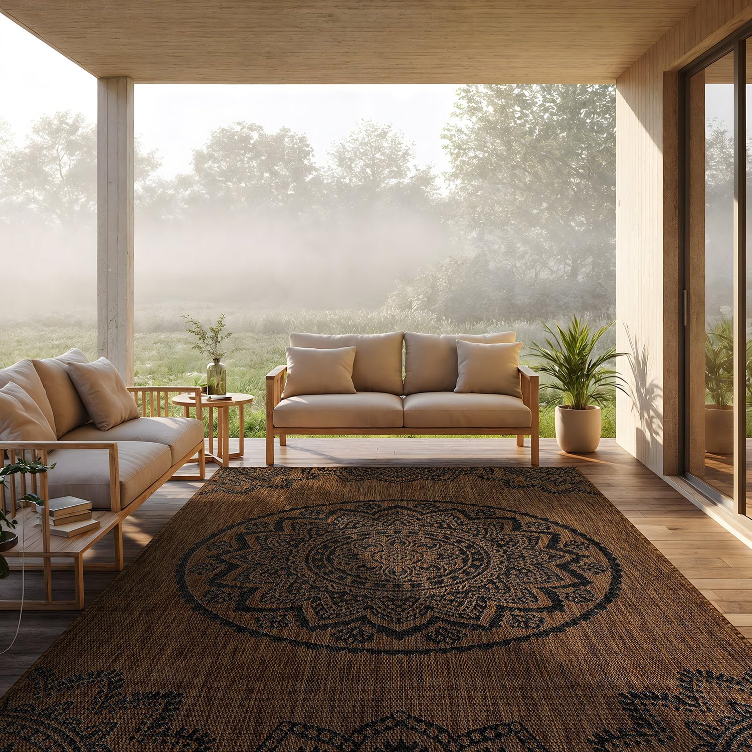 CAMILSON Outdoor Rug 9x12 Modern Large Area Rugs for Indoor and Outdoor Patios and Porches - Waterproof Washable Non-Shedding Easy-to-Clean Outside Carpet (9 x 12 Medallion - Gold/Black)