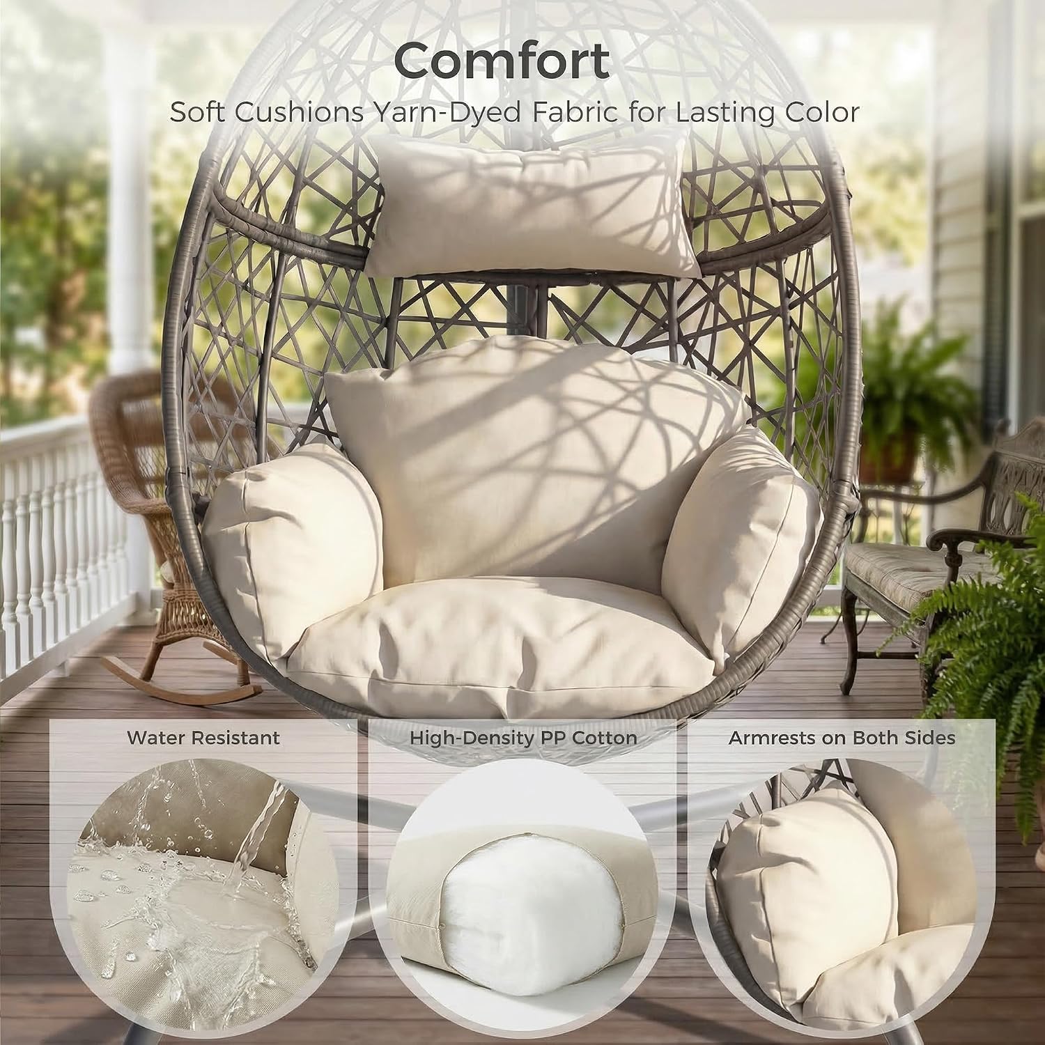 BULEXYARD Oversized Hanging Egg Chair with Stand, Indoor Outdoor Grey Wicker Bird Cage Swing Chair, Patio Hammock Swinging Chair with Beige Cushion for Balcony, Porch, 350lbs Capacity