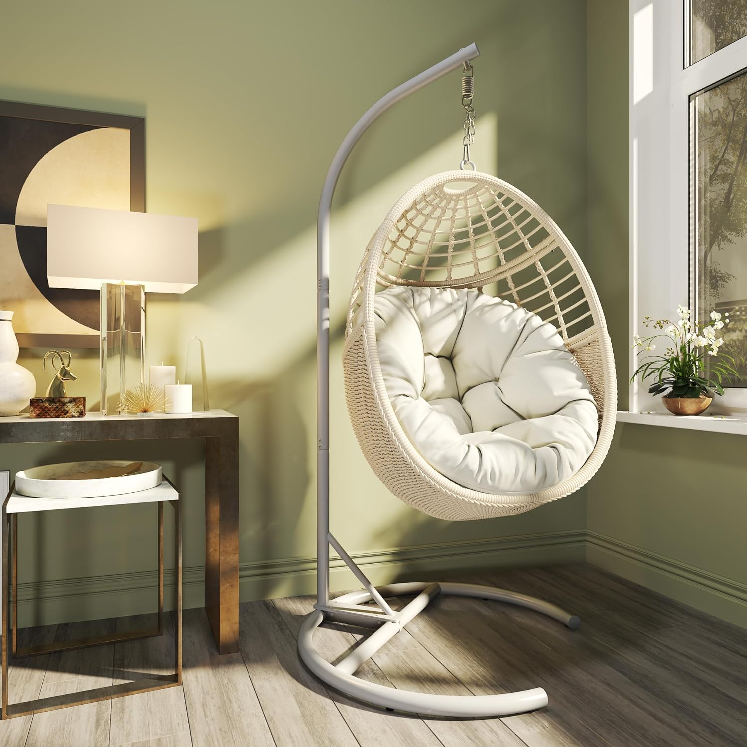 Hanging Egg Chair Swing Chair with Stand Wicker Rattan for Indoor Outdoor Patio Bedroom Hammock with Steel Frame and Cushion, 300 lbs Capacity, Beige