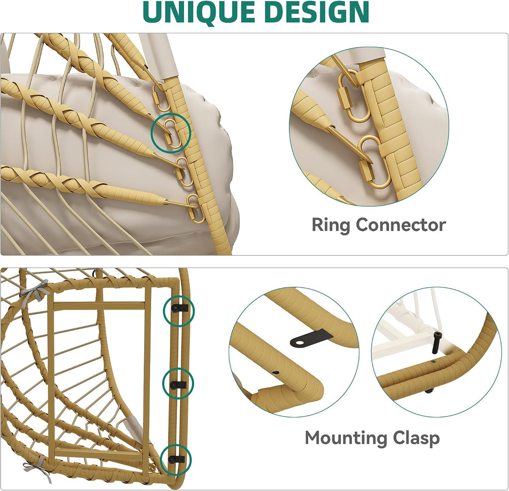 YITAHOME Hanging Egg Chair with Stand, Rattan Wicker Swing Egg Chair with Resistant Cushion, 350lbs Capacity, Foldable Hanging Rattan Basket Chair for Porch, Garden, Bedroom, Balcony, Beige