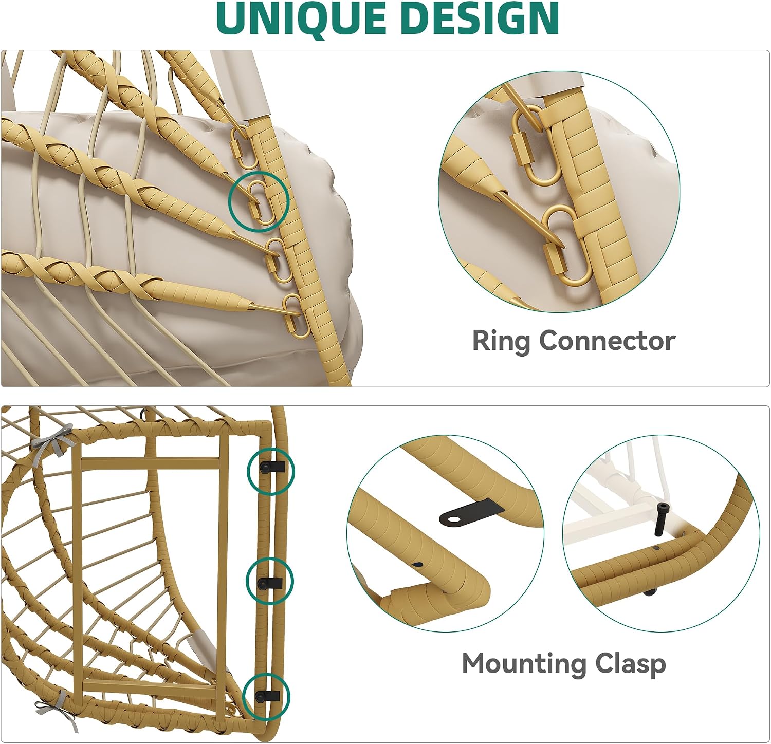 YITAHOME Hanging Egg Chair with Stand, Rattan Wicker Swing Egg Chair with Resistant Cushion, 350lbs Capacity, Foldable Hanging Rattan Basket Chair for Porch, Garden, Bedroom, Balcony, Beige