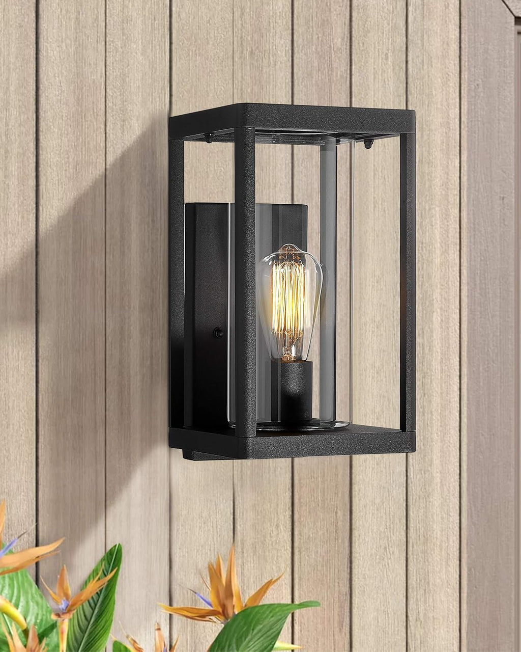 Beionxii Dusk to Dawn Outdoor Wall Lights, Modern Exterior Wall Sconces Porch Lantern, Black Cast Aluminum w/Clear Cylinder Glass - A291W-2PK