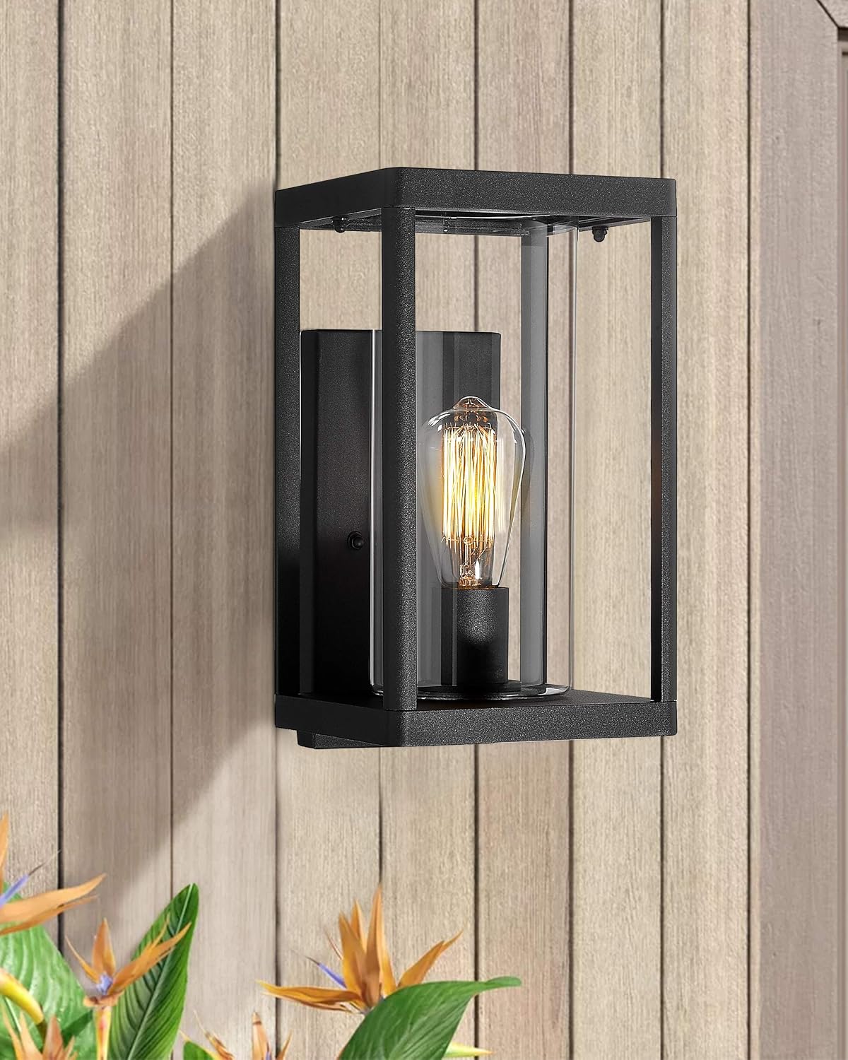 Beionxii Dusk to Dawn Outdoor Wall Lights, Modern Exterior Wall Sconces Porch Lantern, Black Cast Aluminum w/Clear Cylinder Glass - A291W-2PK