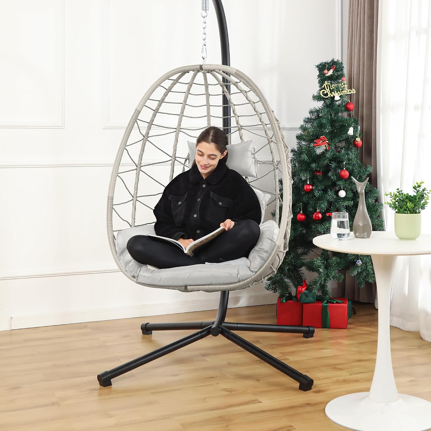 DoubleTT Egg Chair with Stand, Swing Chair Hanging Chair Nest Basket, UV Resistant Removable & Washable Cushions,350LBS Capacity for Bedroom, Balcony, Garden（BE-LG