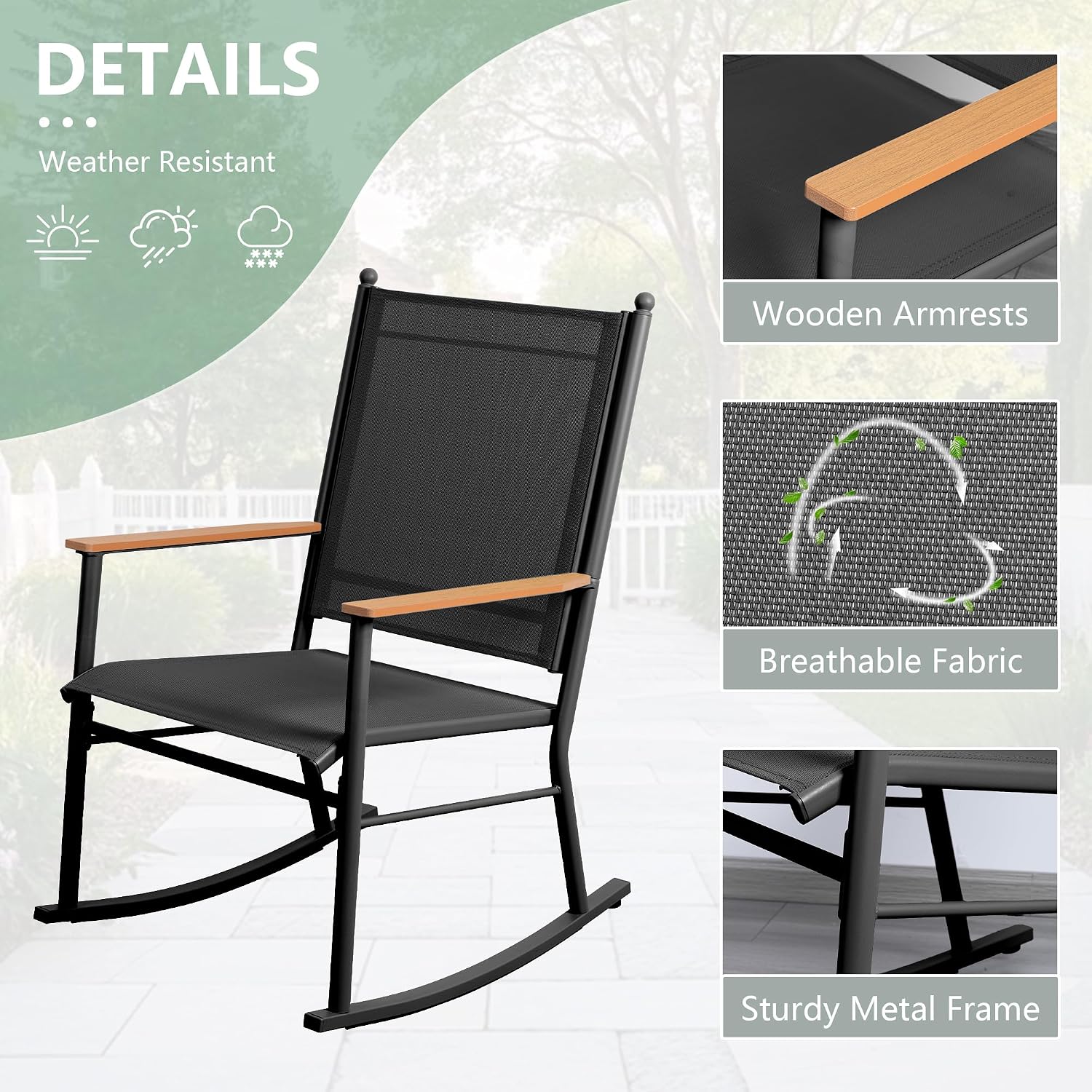 Shintenchi Outdoor Rocking Chairs Set of 2,Upgraded High Back Patio Rocking Chair Set,Breathable Textilene Fabric Outdoor Rocking Chair for Porch,Patio,Garden,Balcony,Black