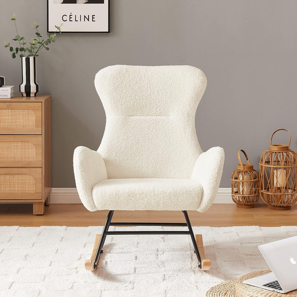 oaaktu Nursery Rocking Chair,Upholstered Glider Rocker with High Backrest for Living Rooms, Bedrooms, Offices (Beige Teddy)