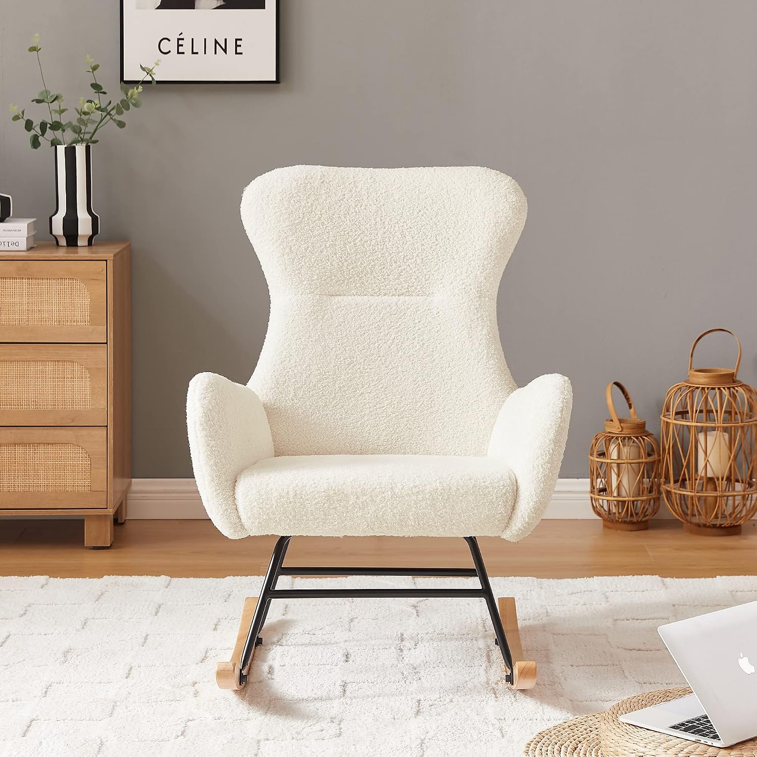 oaaktu Nursery Rocking Chair,Upholstered Glider Rocker with High Backrest for Living Rooms, Bedrooms, Offices (Beige Teddy)