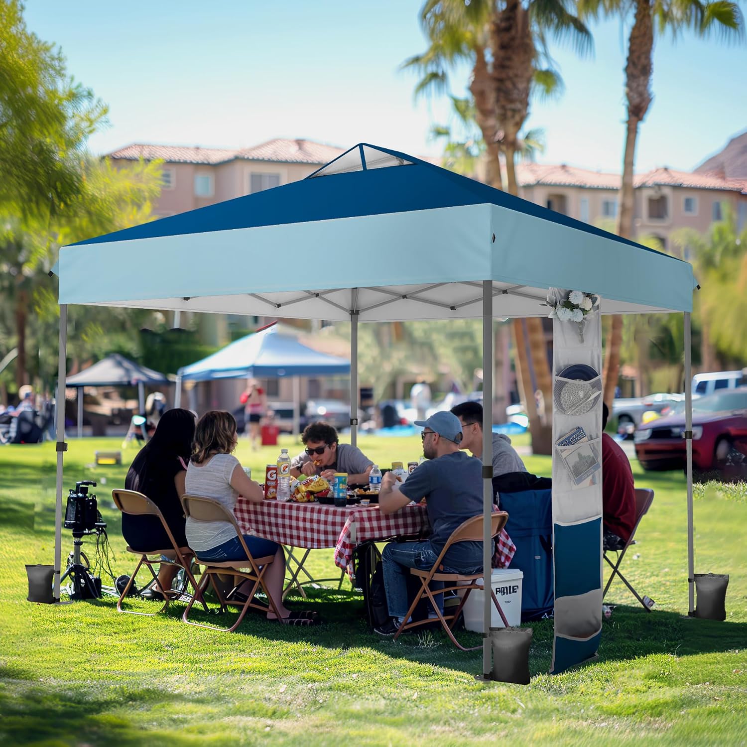 PHI VILLA 10x10ft 1-Person Setup Pop Up Canopy Tent Instant Portable Shelter w/ 1-Button Push, Case, 4 Weight Bags - Dark & Light Blue